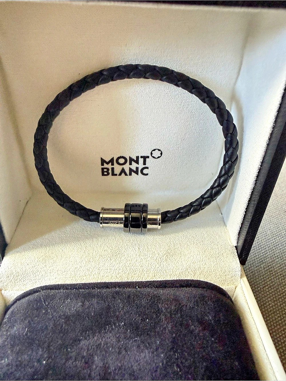 Montblanc Meisterstuck Bracelet Woven BLK Leather Magnetic Closure 3 PVD Rings